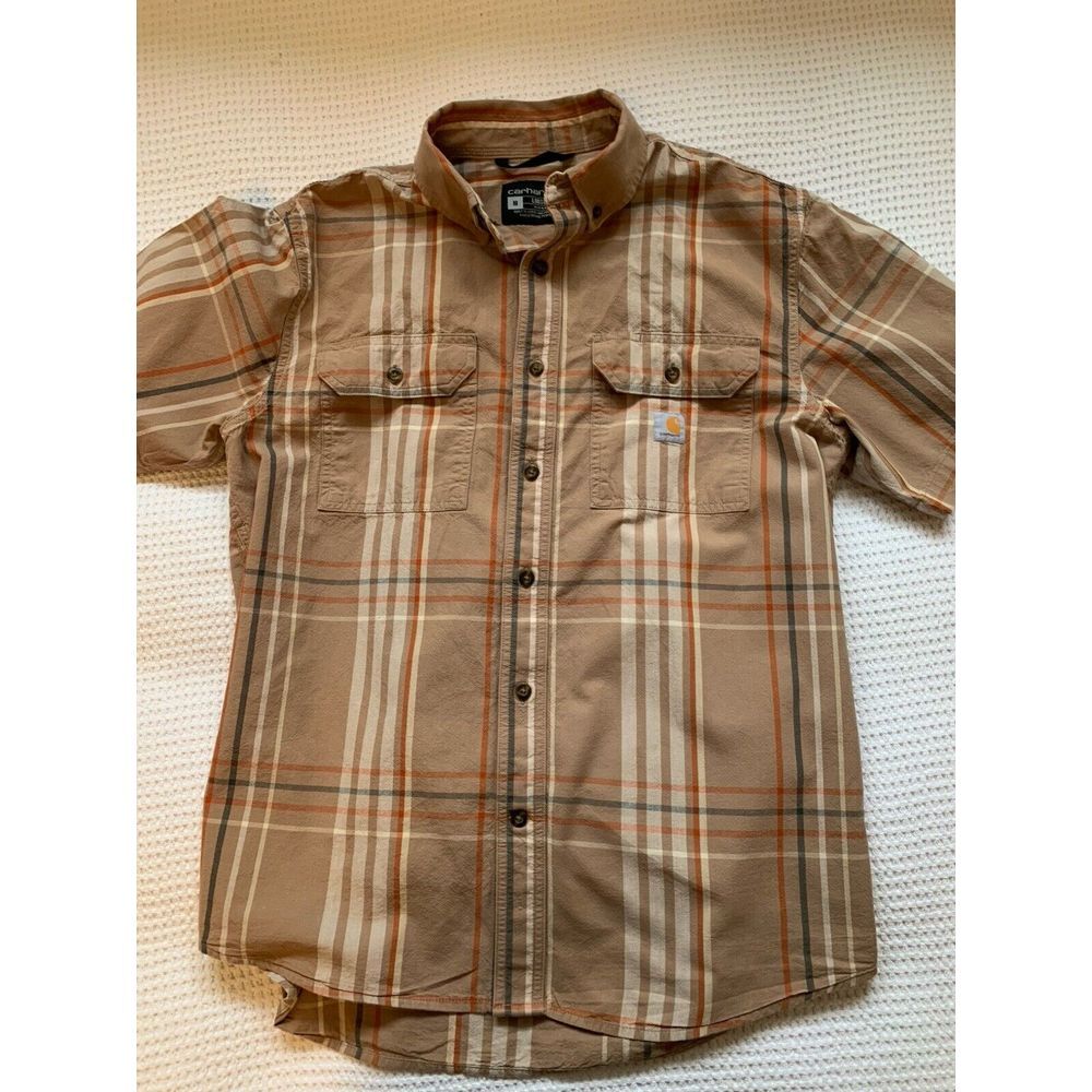 Carhartt‎ Mens Medium Shirt Button Down Short Sleeve Loose Fit Plaid Brown